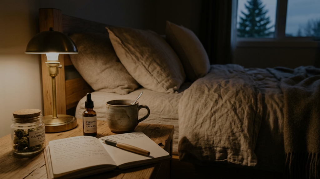 Medical cannabis products, tea, and bedtime journal on a wooden nightstand for insomnia relief in Canada